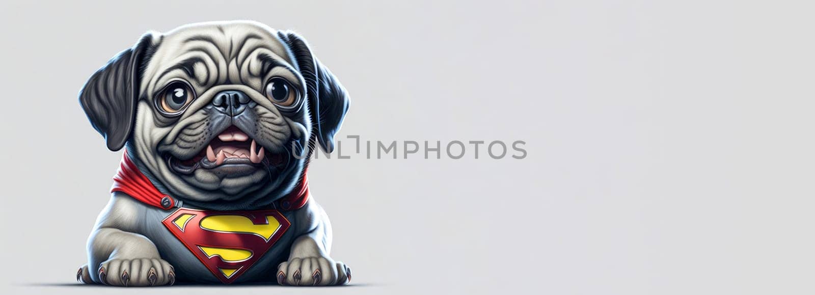 Banner of cute funny pug puppy wearing super hero costume on light background. Halloween costume. Space for text. Generative Ai