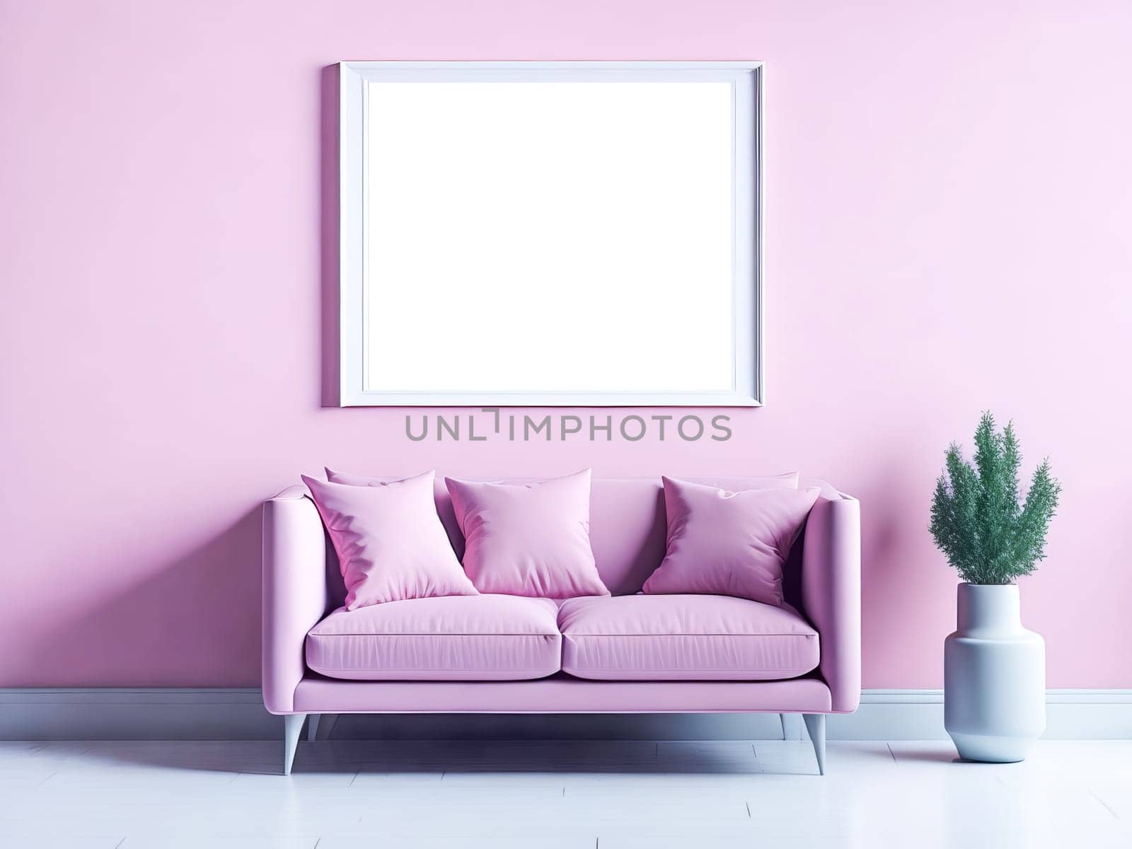 Blank frame mockup for artwork or print on pastel blue wall with blue couch, copy space. Interior design. Generative Ai