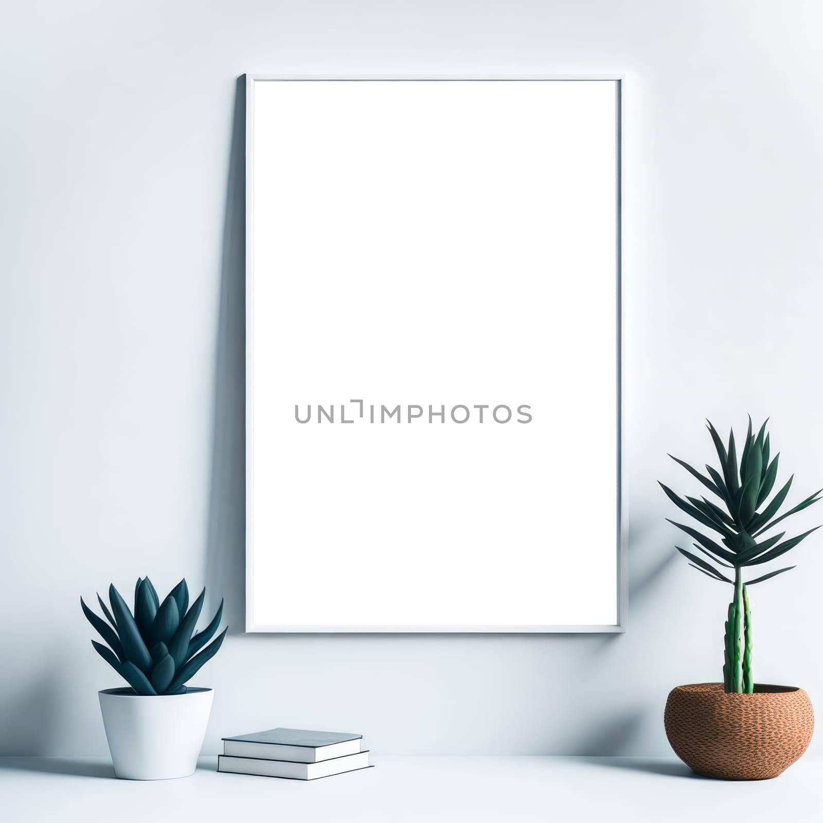 Empty wooden picture frame mockup. Golden vase with plant on white table. White wall background. Elegant working space. Scandinavian interior design. Home office concept. Generative Ai