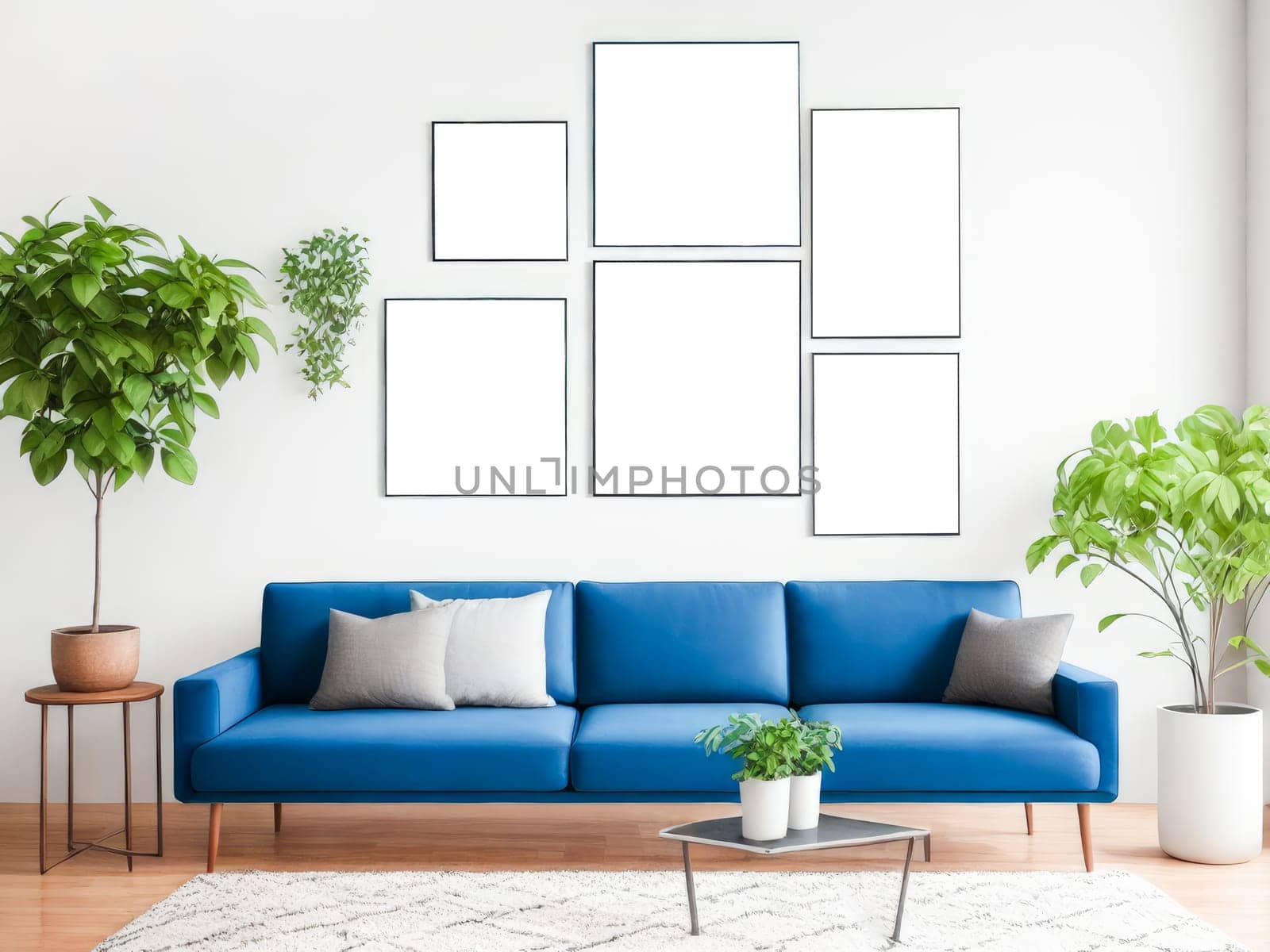 Six blank frames mockup for artwork or print on white wall with blue couch eucalyptus green plants in vase, copy space. Interior design. Generative Ai