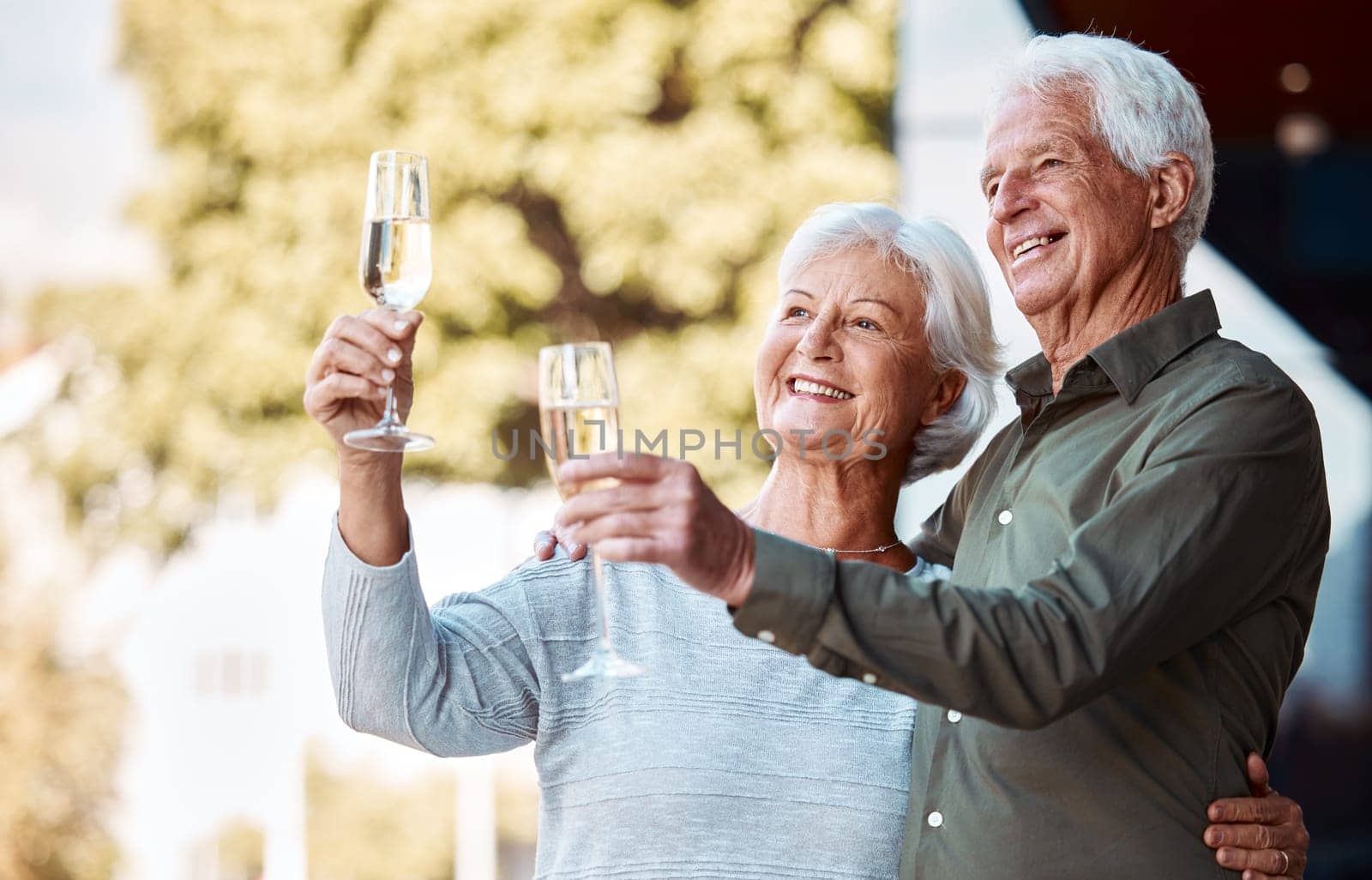 Senior couple, champagne toast and hug with love, relationship happiness and care in home backyard. Elderly man, woman and glass for celebration, romance or marriage anniversary with smile in summer by YuriArcurs