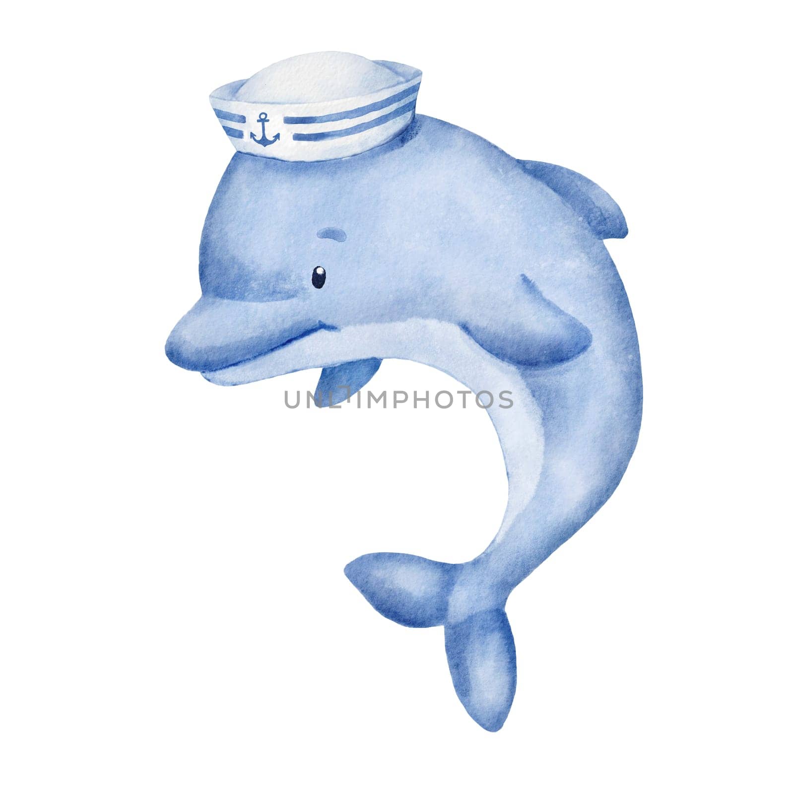 Watercolor cute smiling dolphin with sailor hat isolated on white background. Baby character illustration
