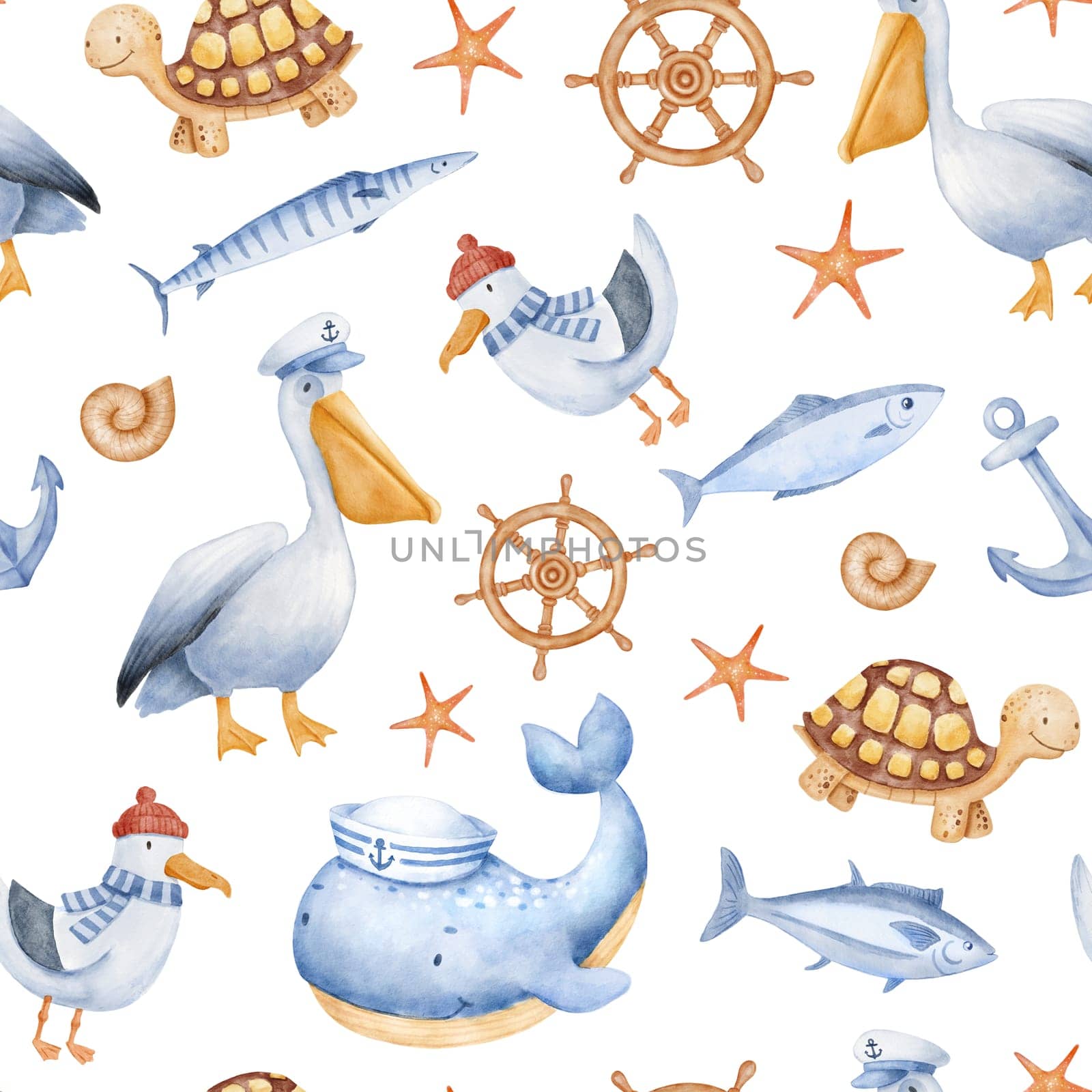 Cute watercolor nautical seamless pattern with sea animals characters. Funny ocean background by ElenaPlatova