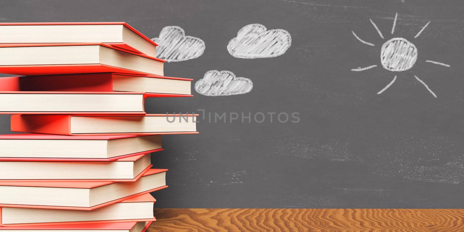 stack of books on a wooden table with a chalkboard background with children's chalk drawings. concept of education, back to school and learning. 3d rendering