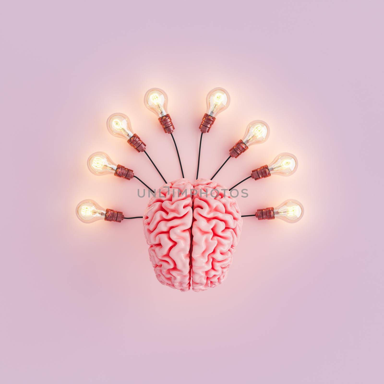 top view of a brain with several light bulbs connected and illuminated. concept of education, idea, and learning. 3d rendering