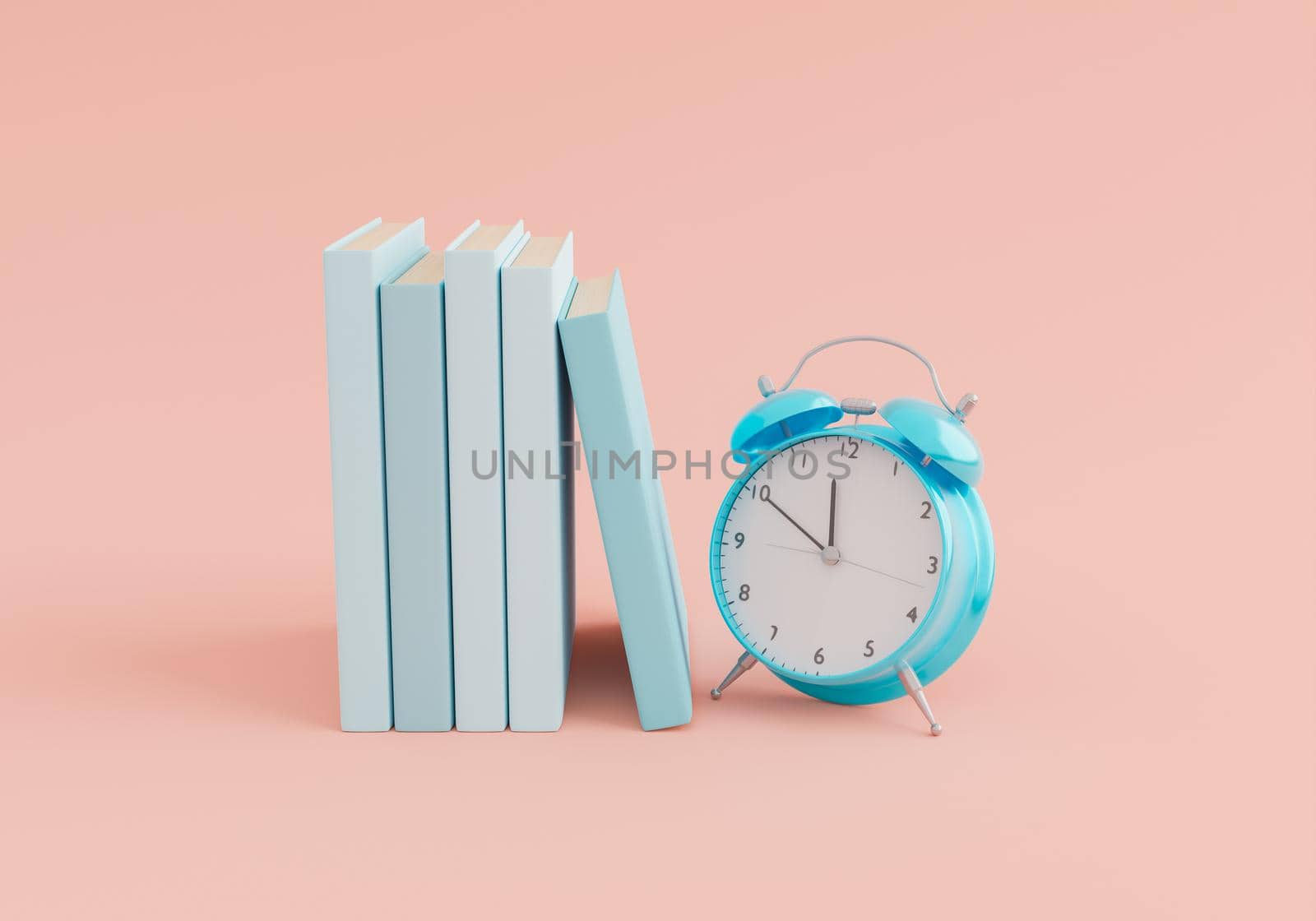 row of pastel colored books with an alarm clock. minimal concept of learning, reading time and back to school. 3d rendering