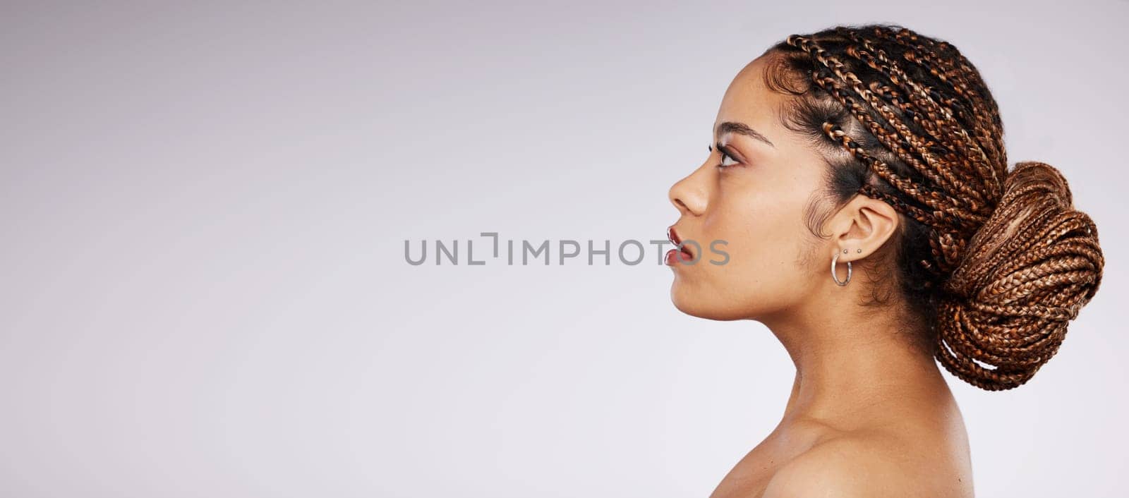 Beauty, skin care and black woman thinking mockup space in studio for spa cosmetics and dermatology. Face of aesthetic model person profile on a grey background with facial collagen for wellness glow by YuriArcurs