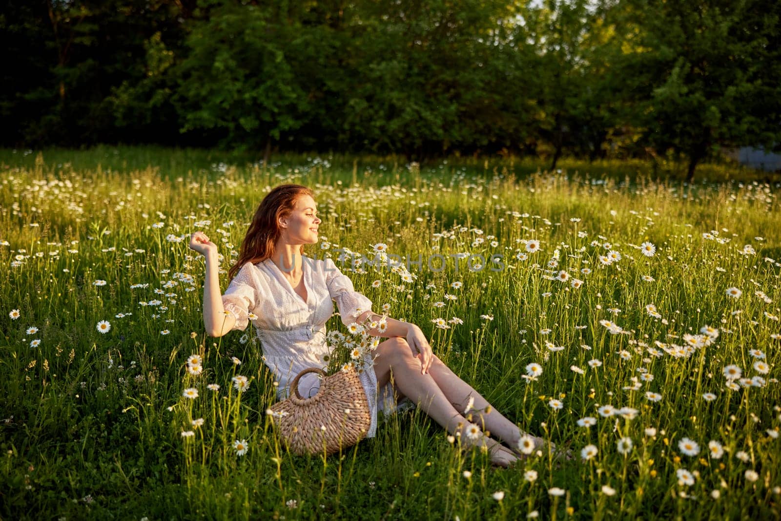 a beautiful woman in a light dress sits in a field in chamomile flowers. by Vichizh