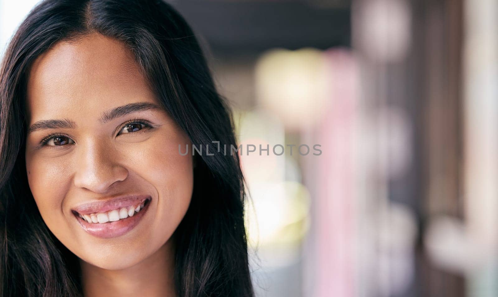 Woman, face and smile with free space for marketing and advertising makeup, cosmetics and happiness with a positive mindset. Portrait of a happy female from France with a natural glow on her skin.