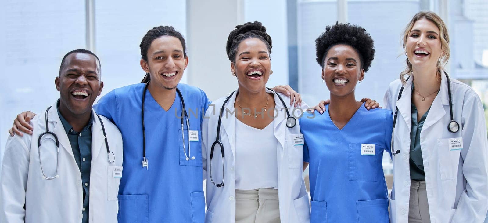 Group, happy doctors and healthcare portrait for hospital services, mission and diversity values. Support, love and laughing nurses, medical professional employees or face of USA clinic staff success.
