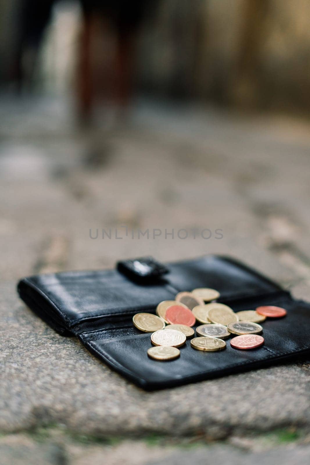 The wallet with coins on sidewalk street, forgotten money by Zelenin