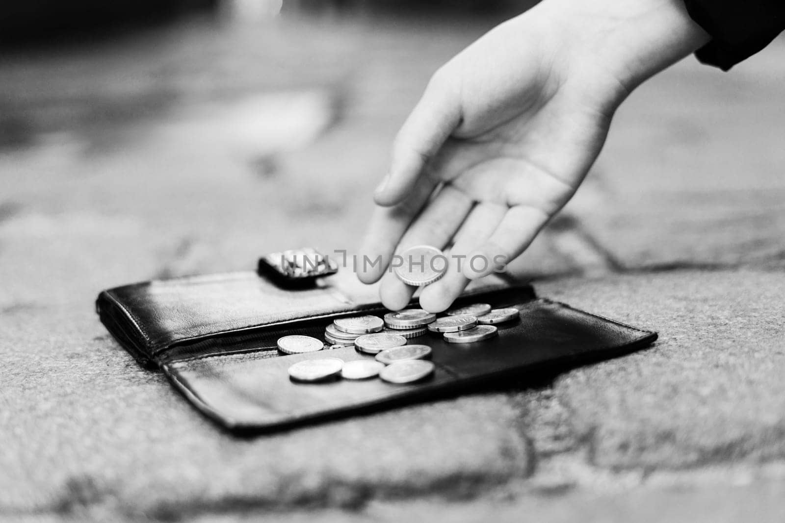 The wallet with coins on sidewalk street, forgotten money by Zelenin