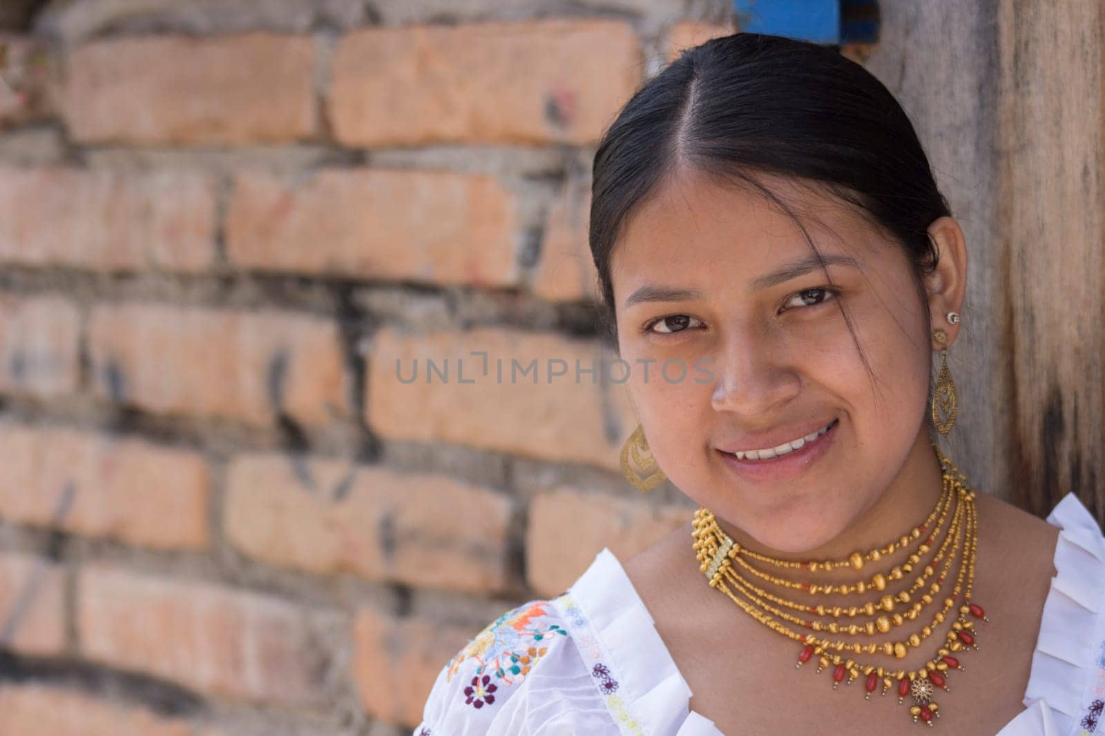 closeup with copy space of pretty, elegant and smiling indigenna with traditional necklace native to her culture by Raulmartin