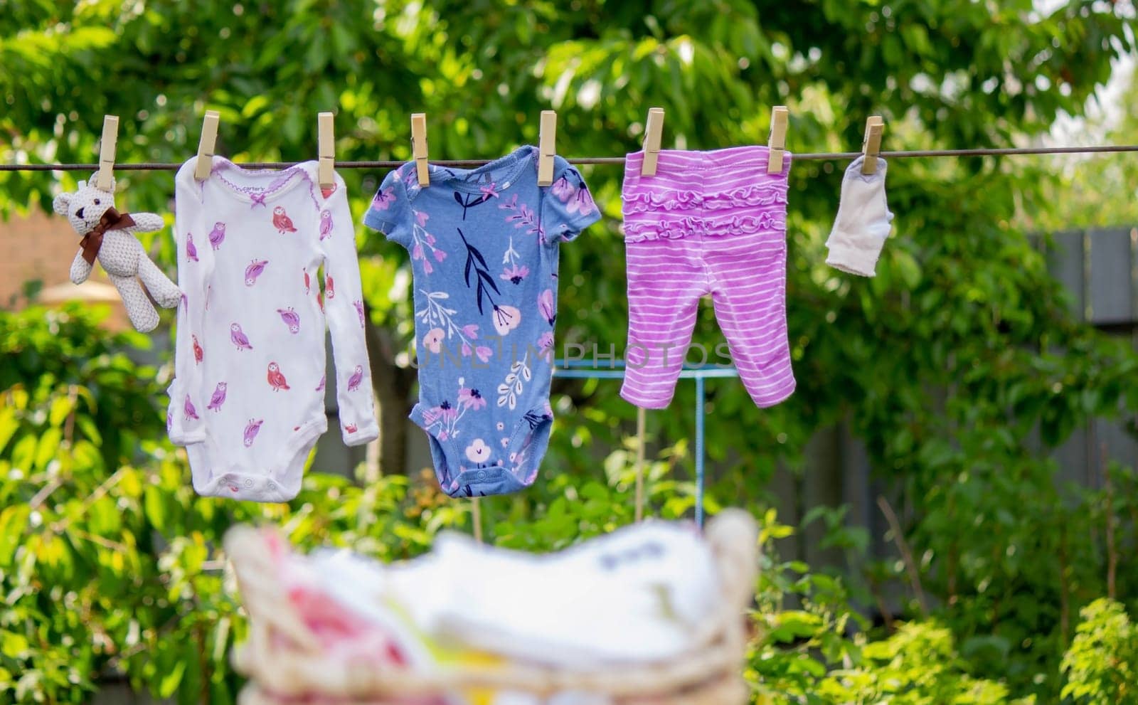 washing baby clothes. Linen dries in the fresh air. Selective focus. nature.