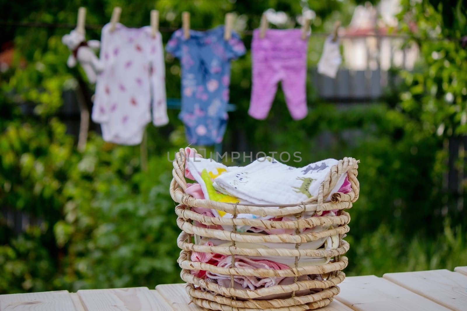 washing baby clothes. Linen dries in the fresh air. Selective focus. nature.