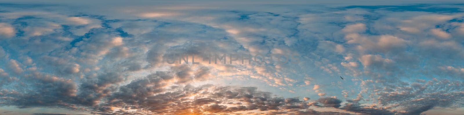 Sunset sky panorama with bright glowing pink Cumulus clouds. HDR 360 seamless spherical panorama. Full zenith or sky dome for 3D visualization, sky replacement for aerial drone panoramas. by Matiunina