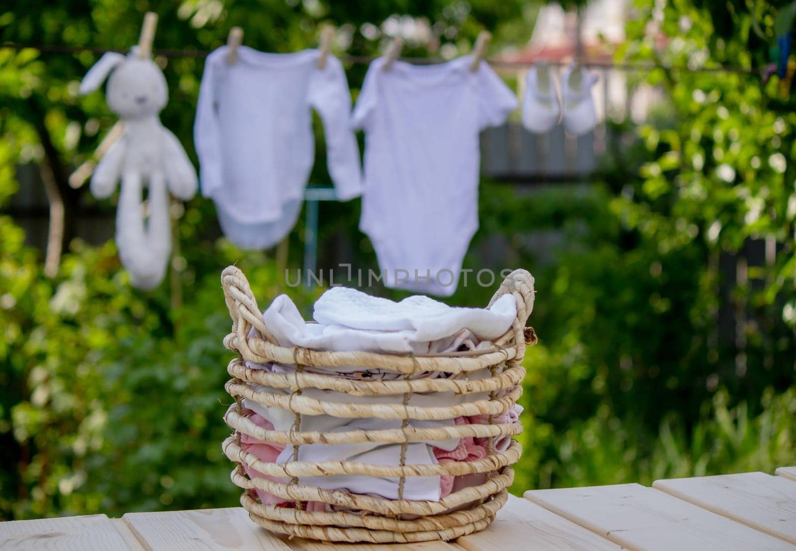 washing baby clothes. Linen dries in the fresh air. Selective focus. nature.