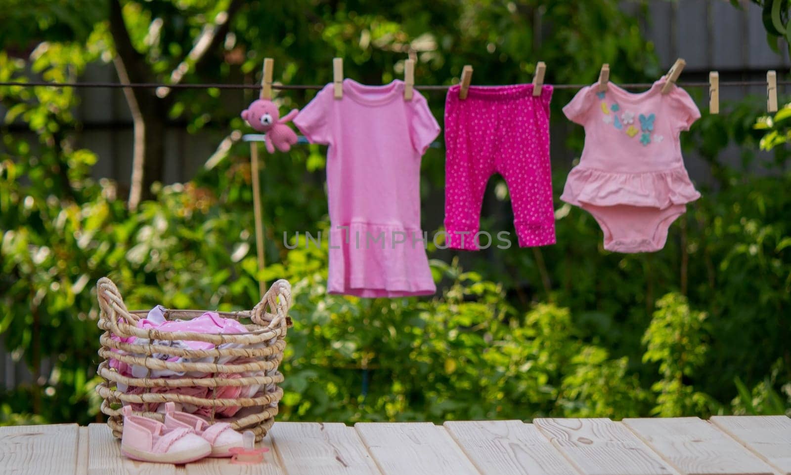 washing baby clothes. Linen dries in the fresh air. Selective focus. nature.