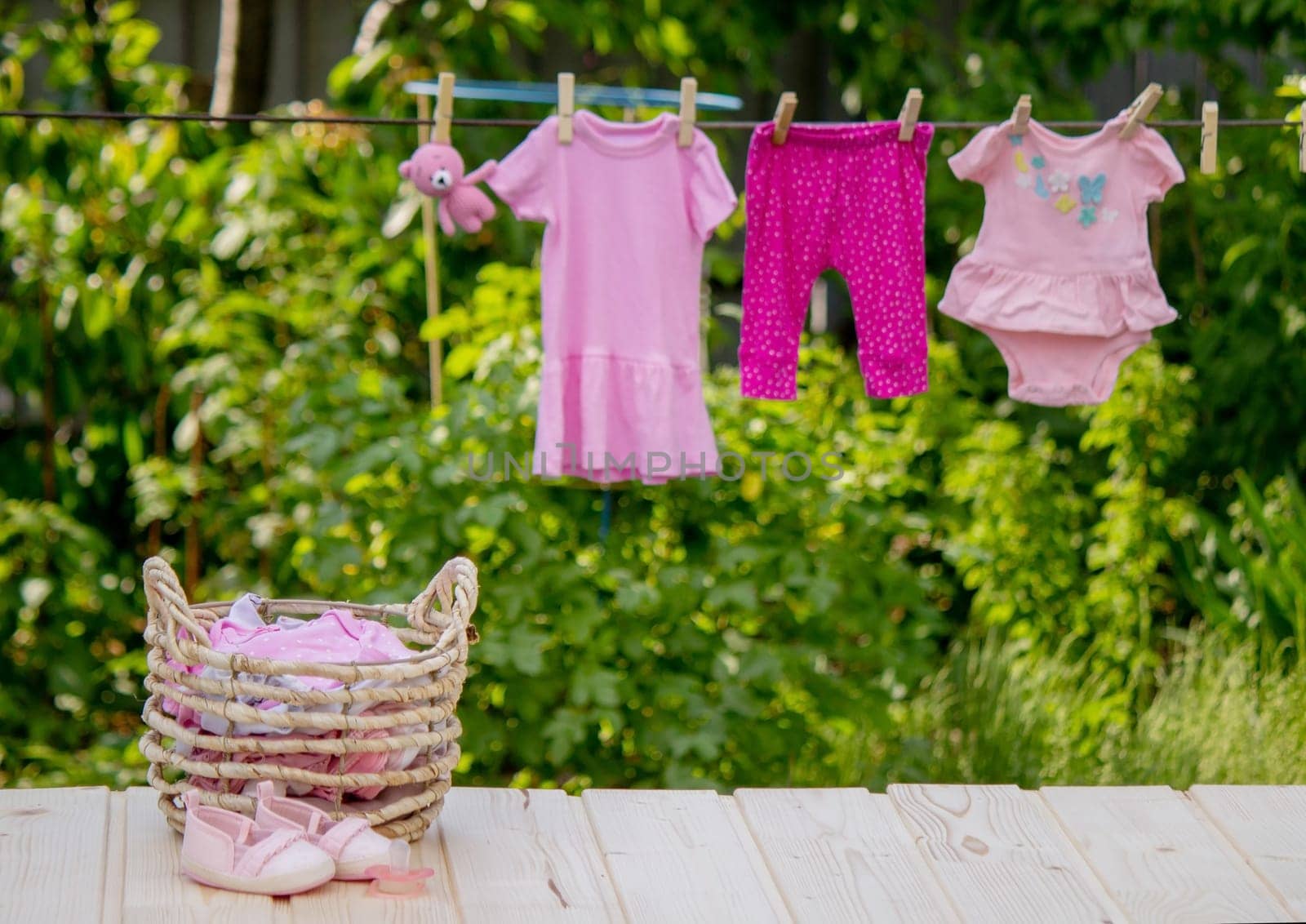 washing baby clothes. Linen dries in the fresh air. Selective focus. nature.