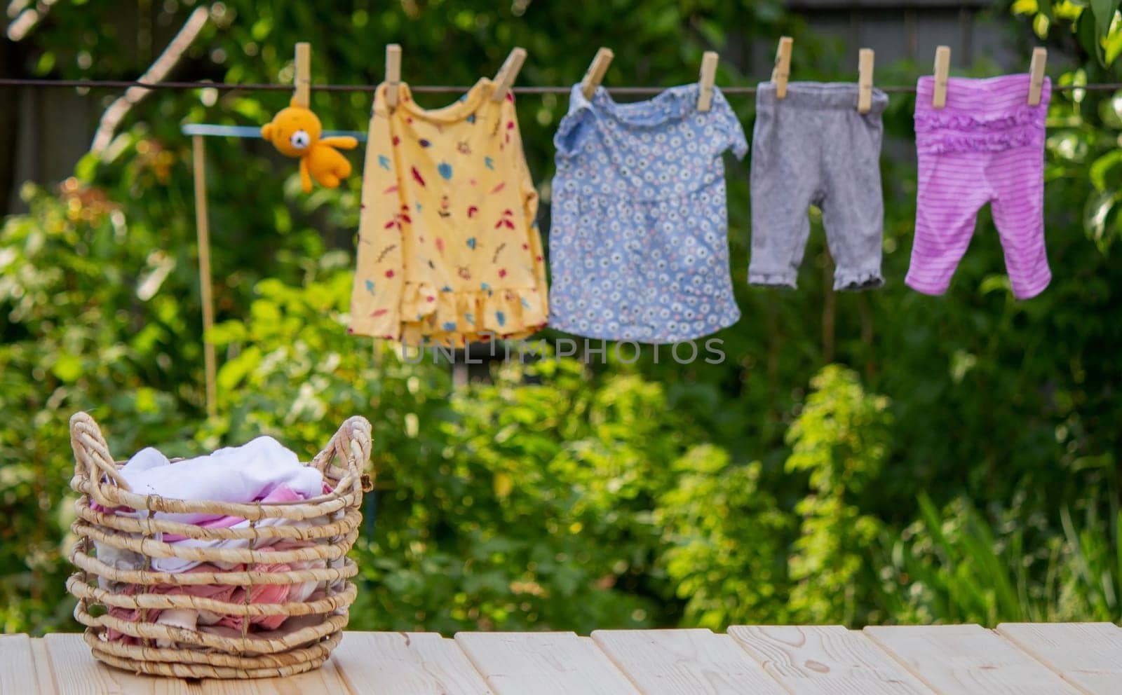 washing baby clothes. Linen dries in the fresh air. Selective focus. nature.