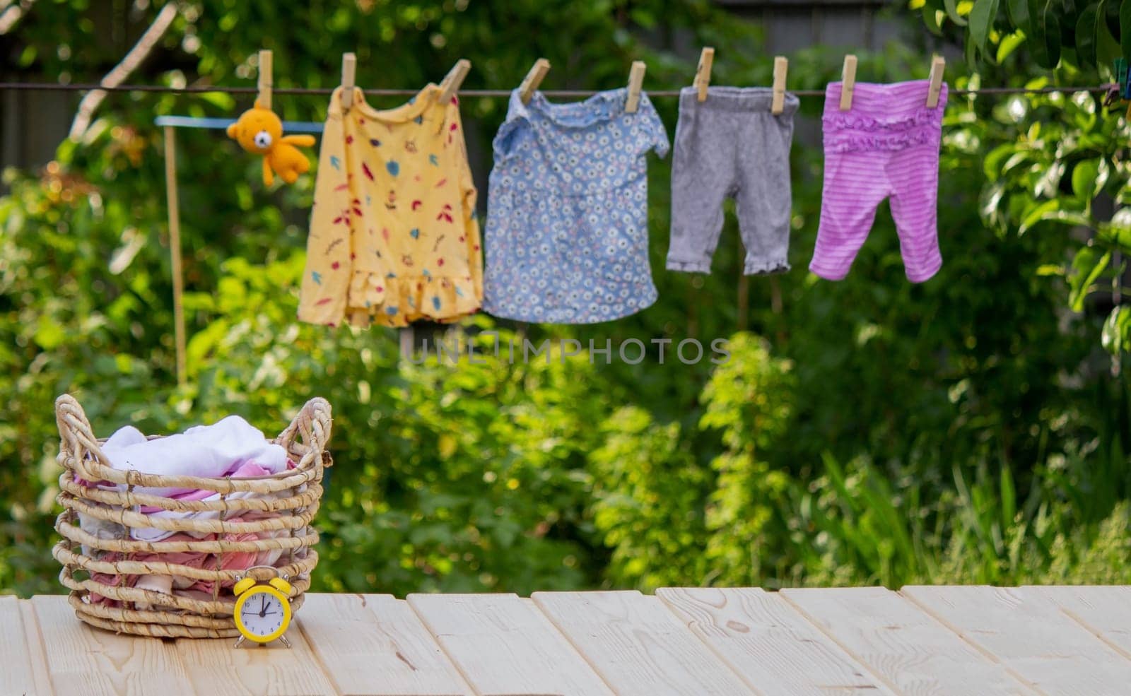 washing baby clothes. Linen dries in the fresh air. Selective focus. nature.