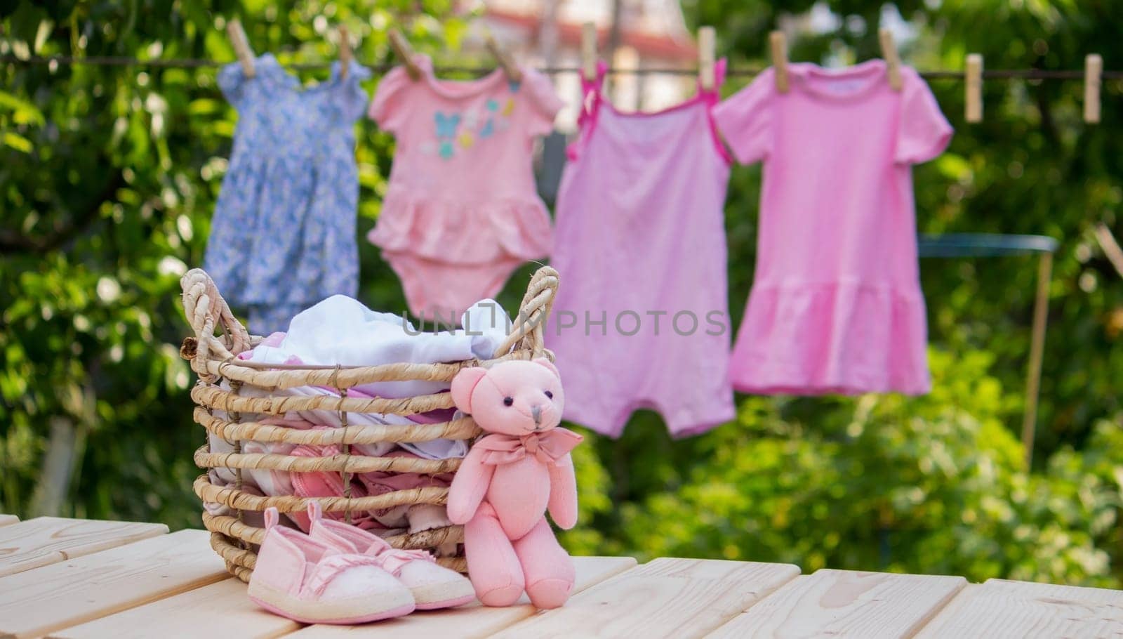 washing baby clothes. Linen dries in the fresh air. Selective focus. nature.