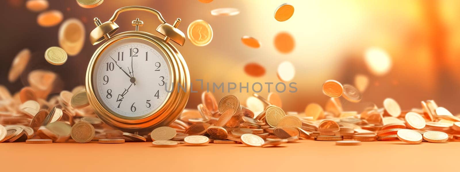 time is money, the concept of effective work and successful business, the pursuit of money, banner with copy space, made with Generative AI. High quality illustration