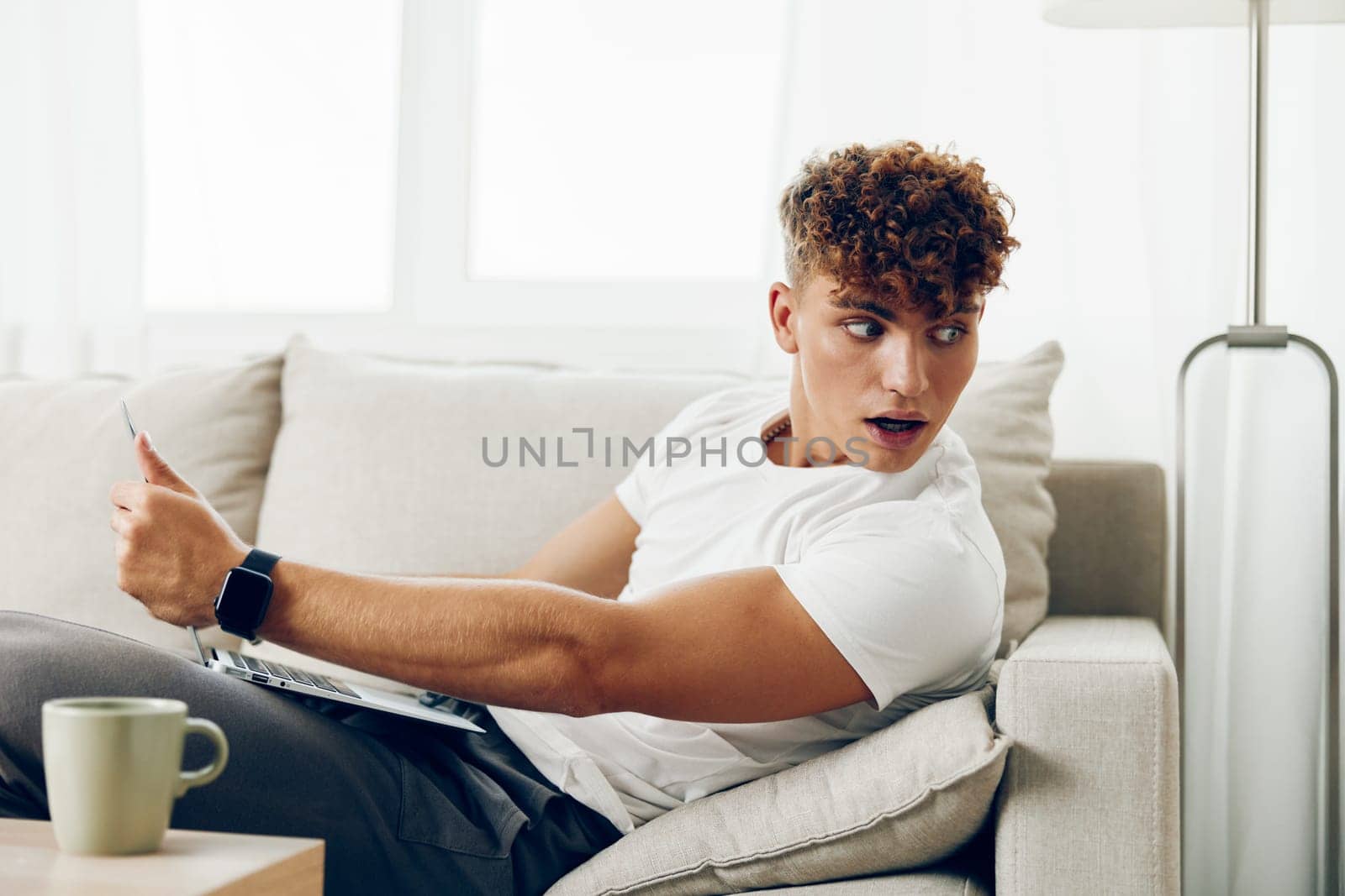 man interior education male online indoor room sitting computer freelance curly business person lifestyle job laptop home call