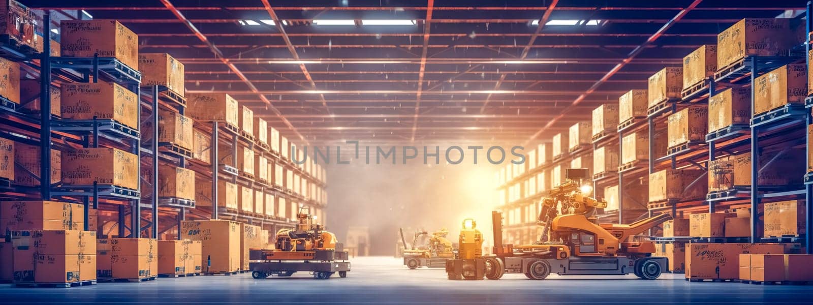 robots work in a modern shipping warehouse, banner with copy space, made with Generative AI by Edophoto