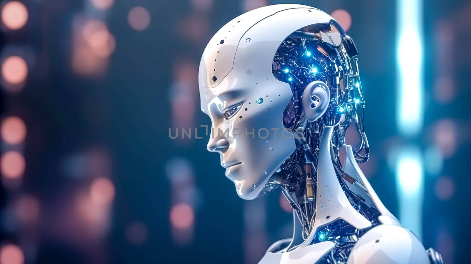 robot with artificial intelligence, banner, made with Generative AI. High quality illustration