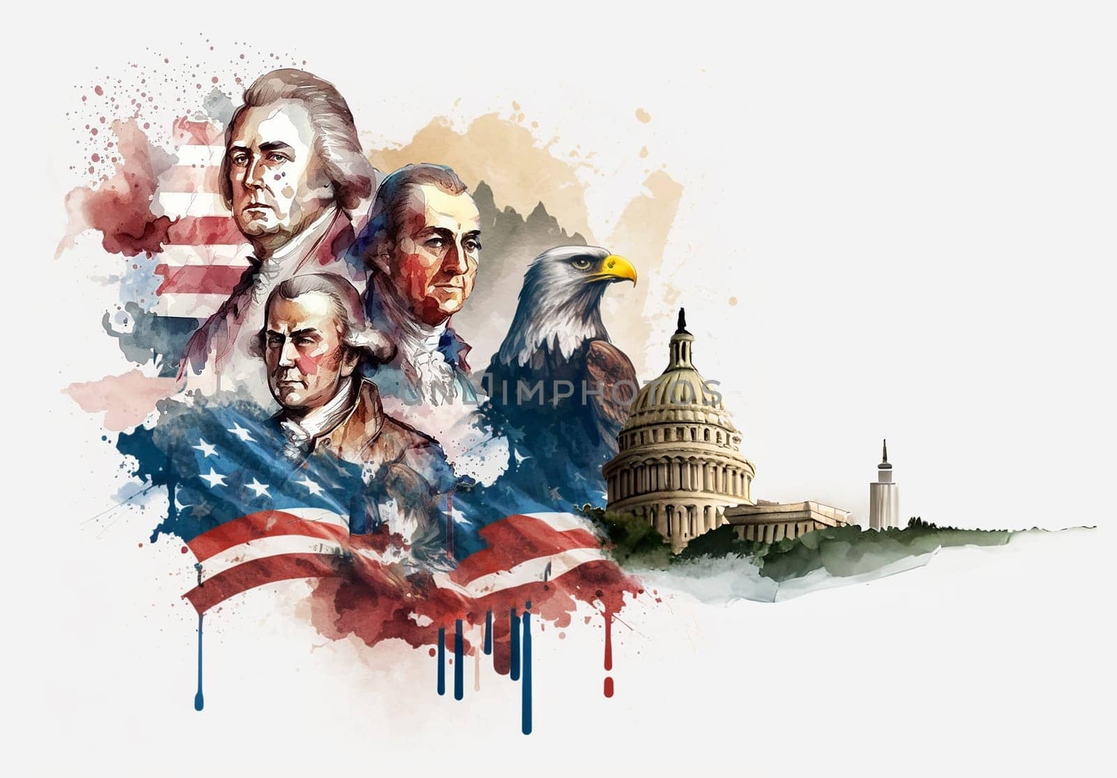 on a white background, a watercolor drawing of an American soldier, American figures who signed the declaration of independence and eagles on the background of flag. AI-generated Digital Art