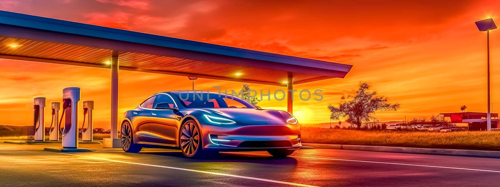 electric car charging, green energy, banner with copy space, made with Generative AI. High quality illustration