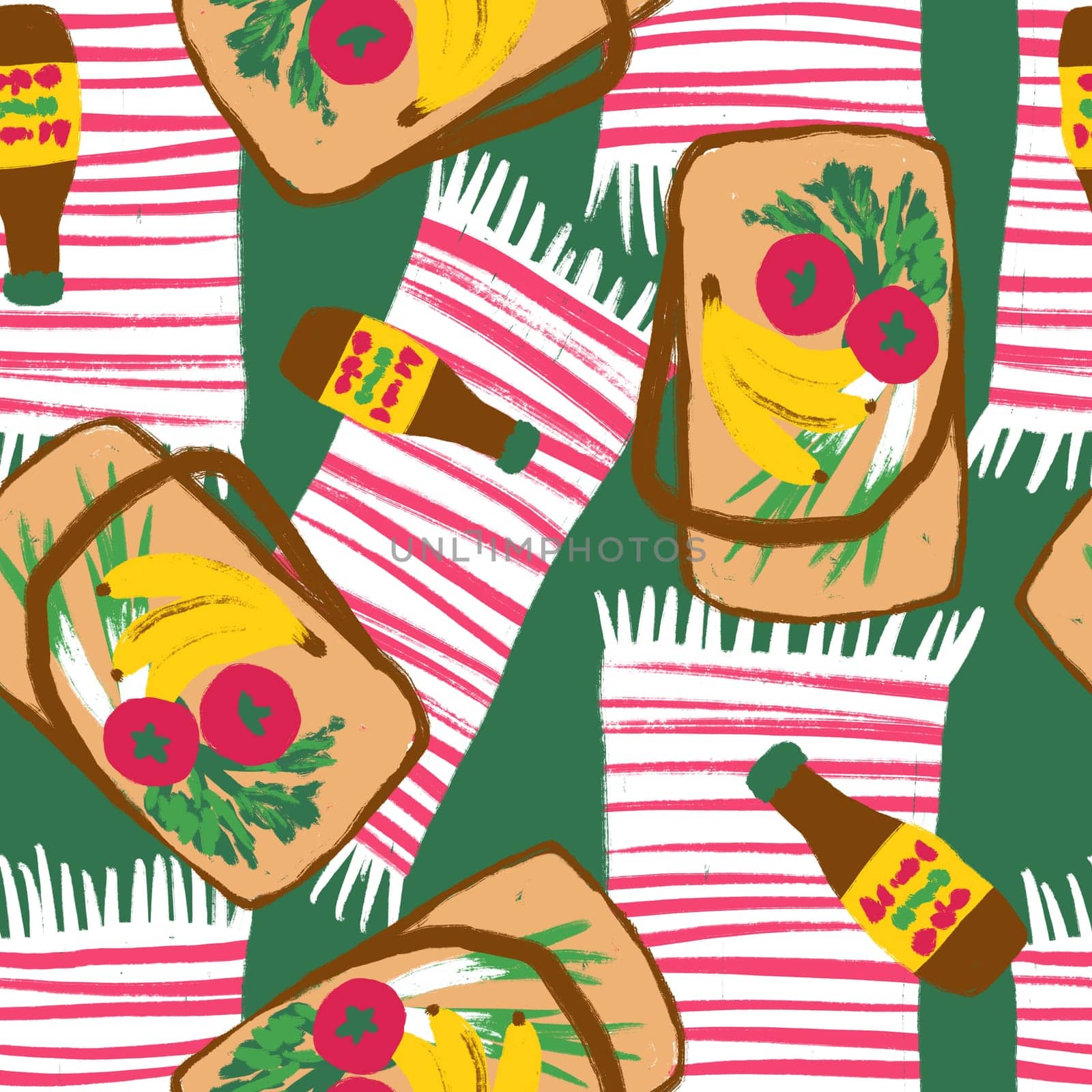 Hand drawn seamless pattern with summer picnic food basket tomato banana. Outdoor leisure on grass meadow park, meal on blanket, lunch drink beverage. by Lagmar