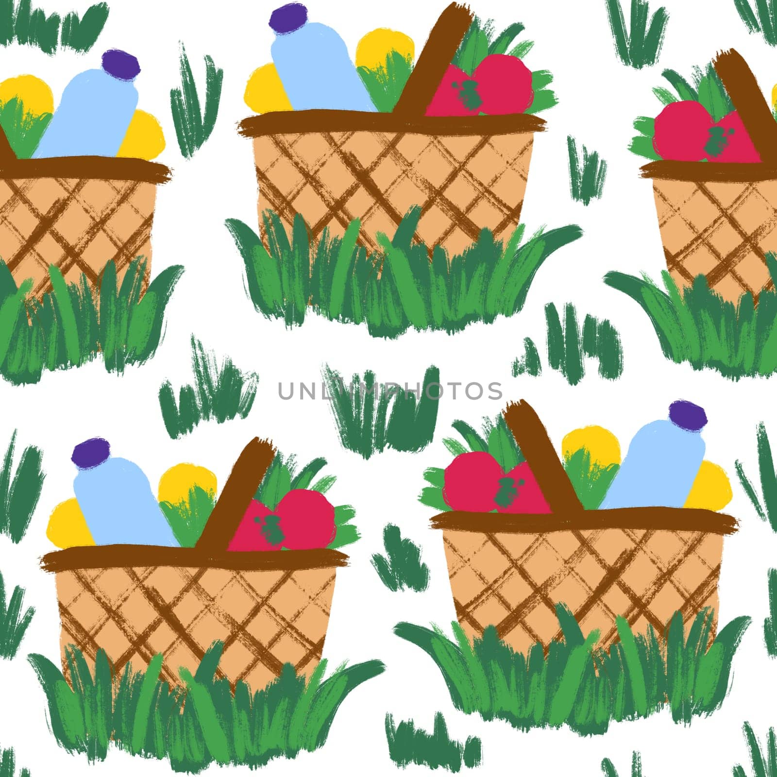 Hand drawn seamless pattern with summer picnic food basket tomato banana. Outdoor leisure on grass meadow park, meal on blanket, lunch drink beverage. by Lagmar