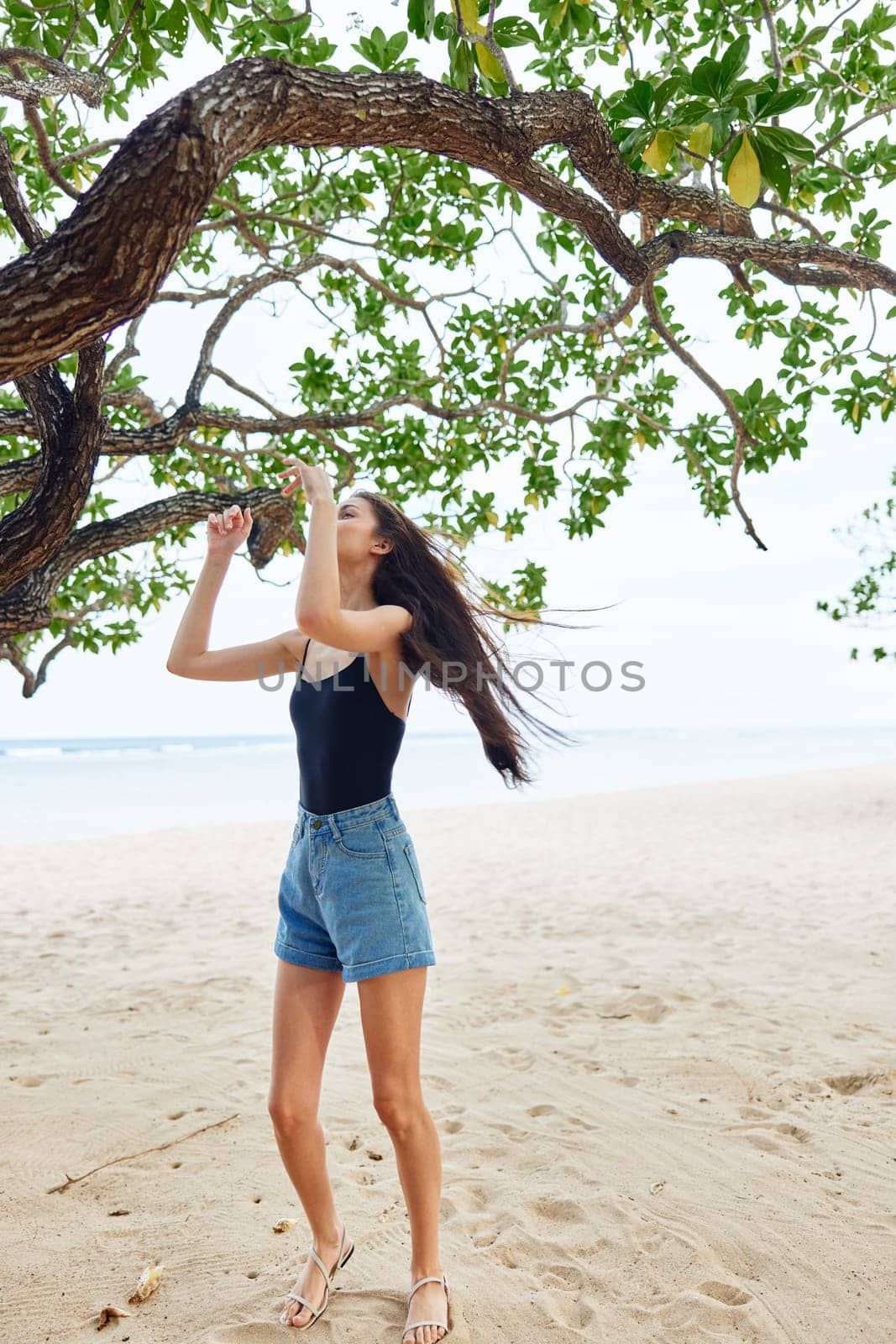 woman sea nature lifestyle tree relax hanging sky ocean smiling vacation by SHOTPRIME