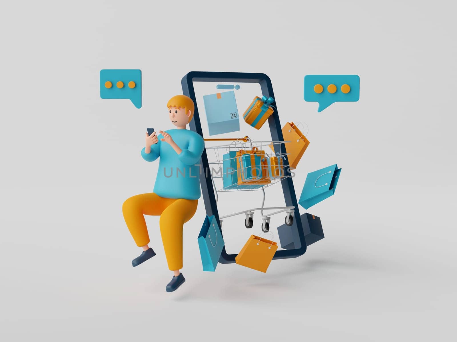 3d illustration of a man shopping online via application on smartphone with shopping item.