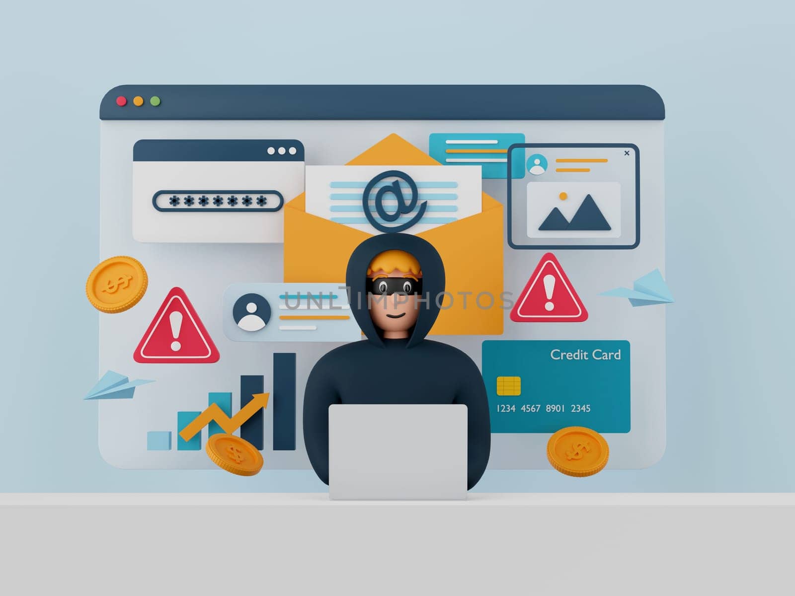3d illustration of Data phishing concept, Hacker and Cyber criminals phishing stealing private personal data, password, email and credit card. Online scam, malware and password phishing.
