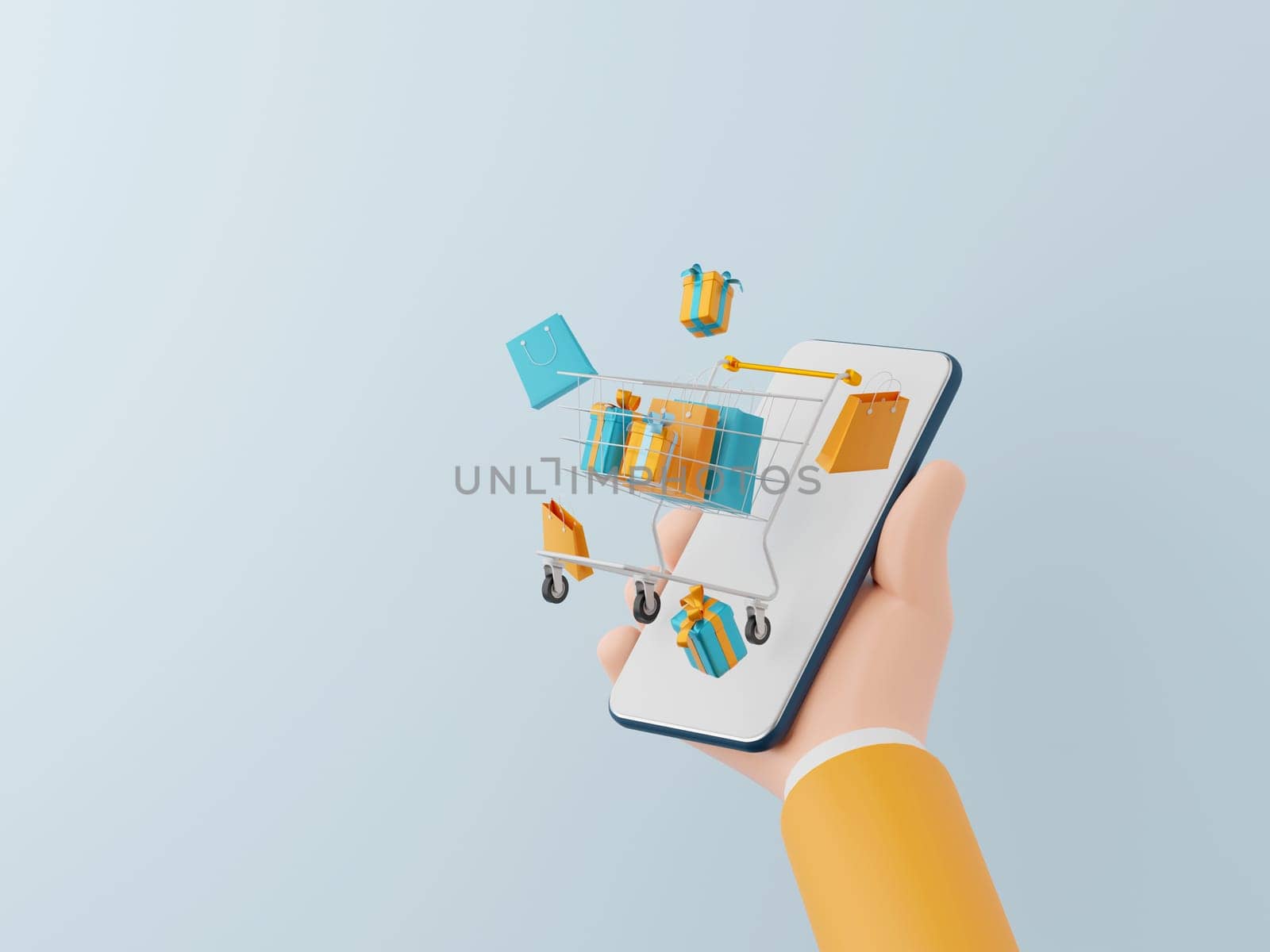 Digital marketing concept, Businessman holding smartphone with shopping cart popping out, Shopping Online on mobile application, 3d illustration by nutzchotwarut