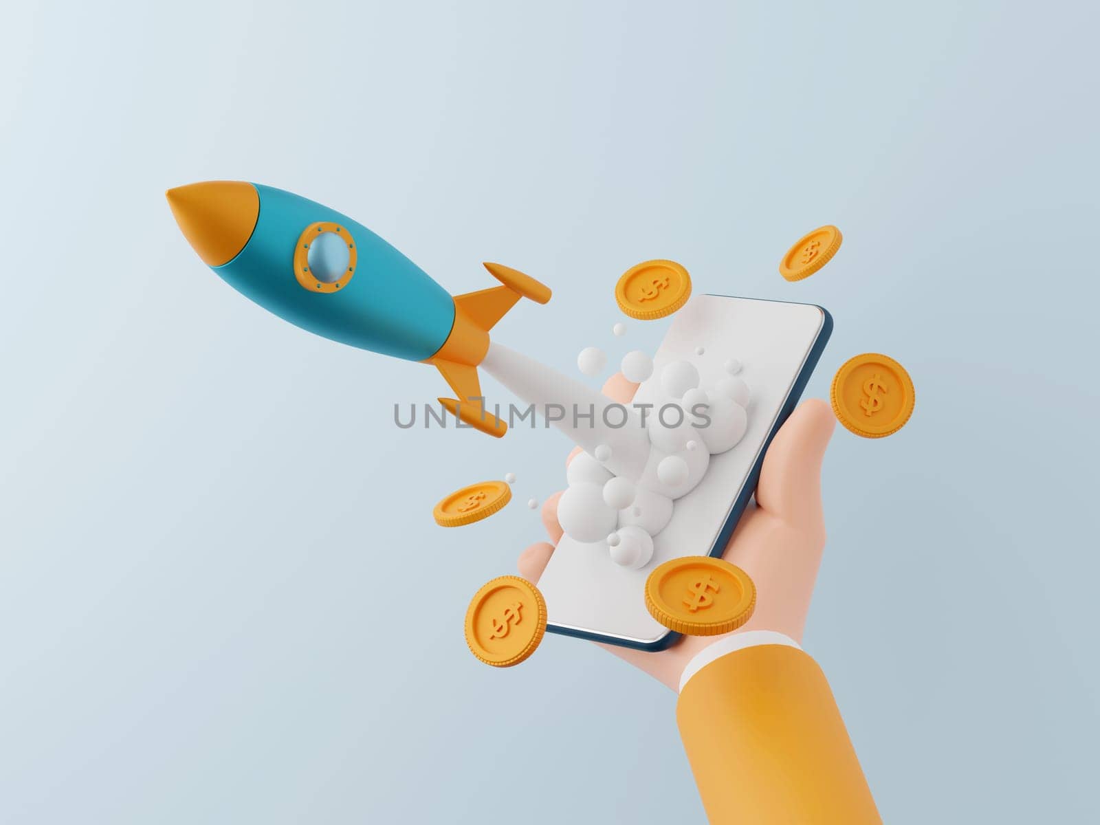 3d illustration, Business start-up concept, Businessman holding smartphone and rocket launching with dollar coin