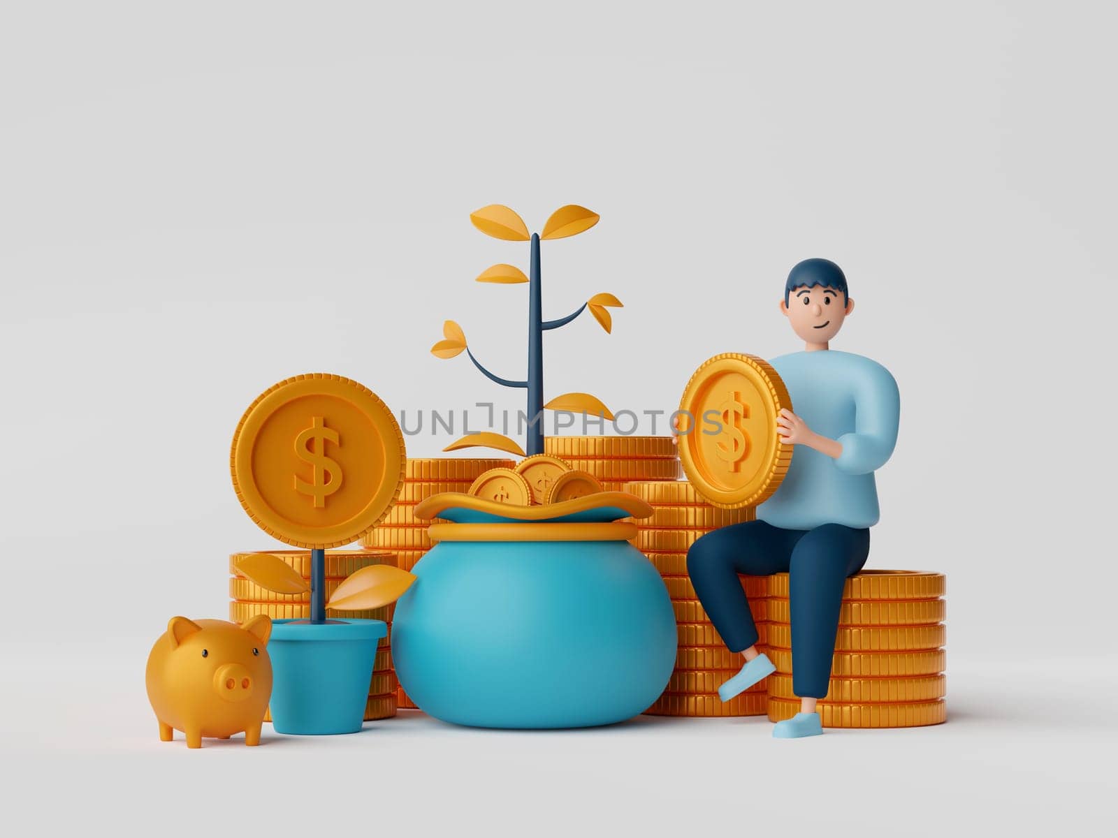 Money Savings Concept, Businessman character sit on a coin with money bag and piggy bank, 3d illustration. by nutzchotwarut