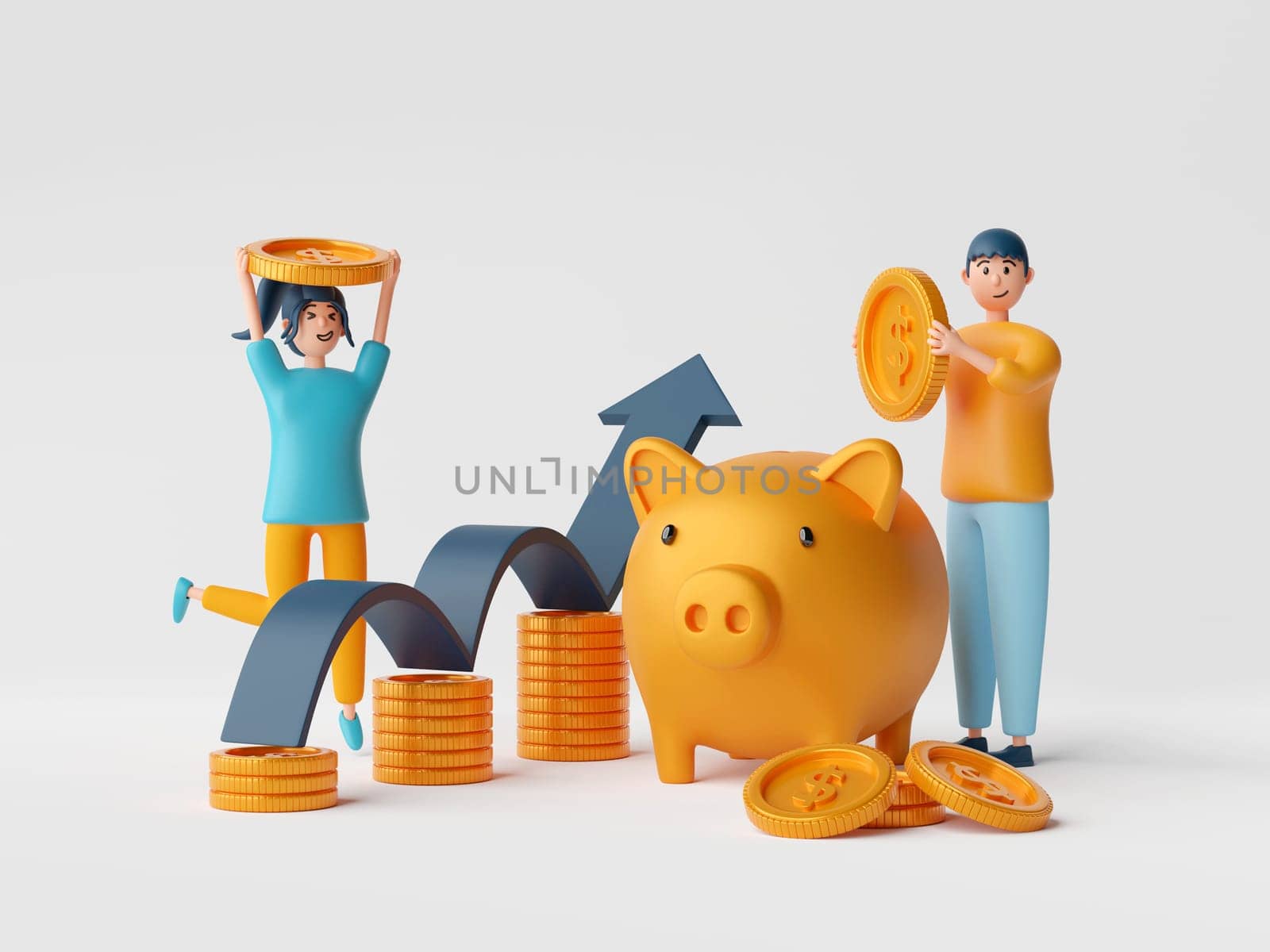 Money Savings Concept, Businessman character putting a coin into Piggy bank, 3d illustration.