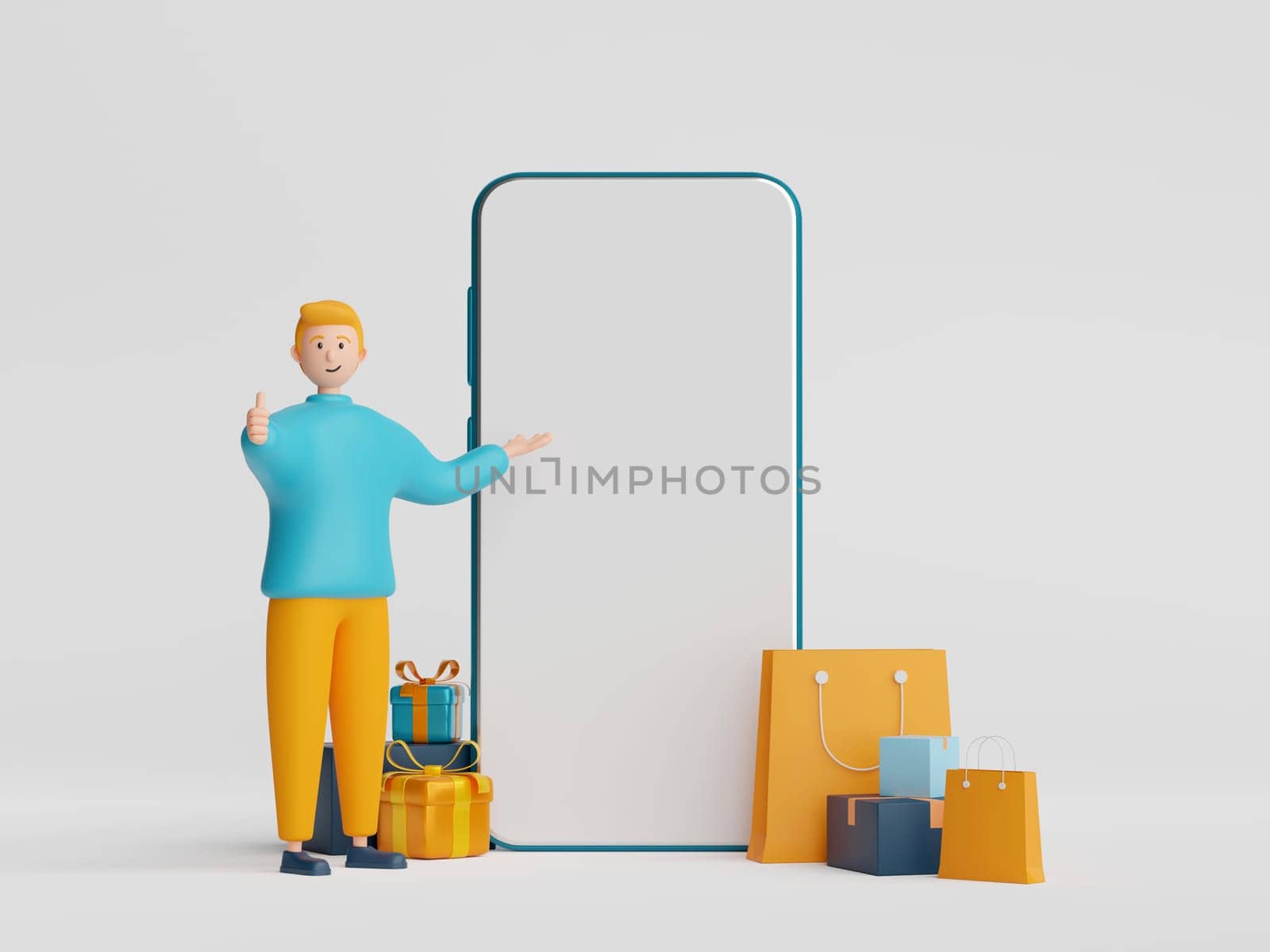 3d illustration of businessman character standing with blank screen smartphone and gift box, shopping bag. by nutzchotwarut