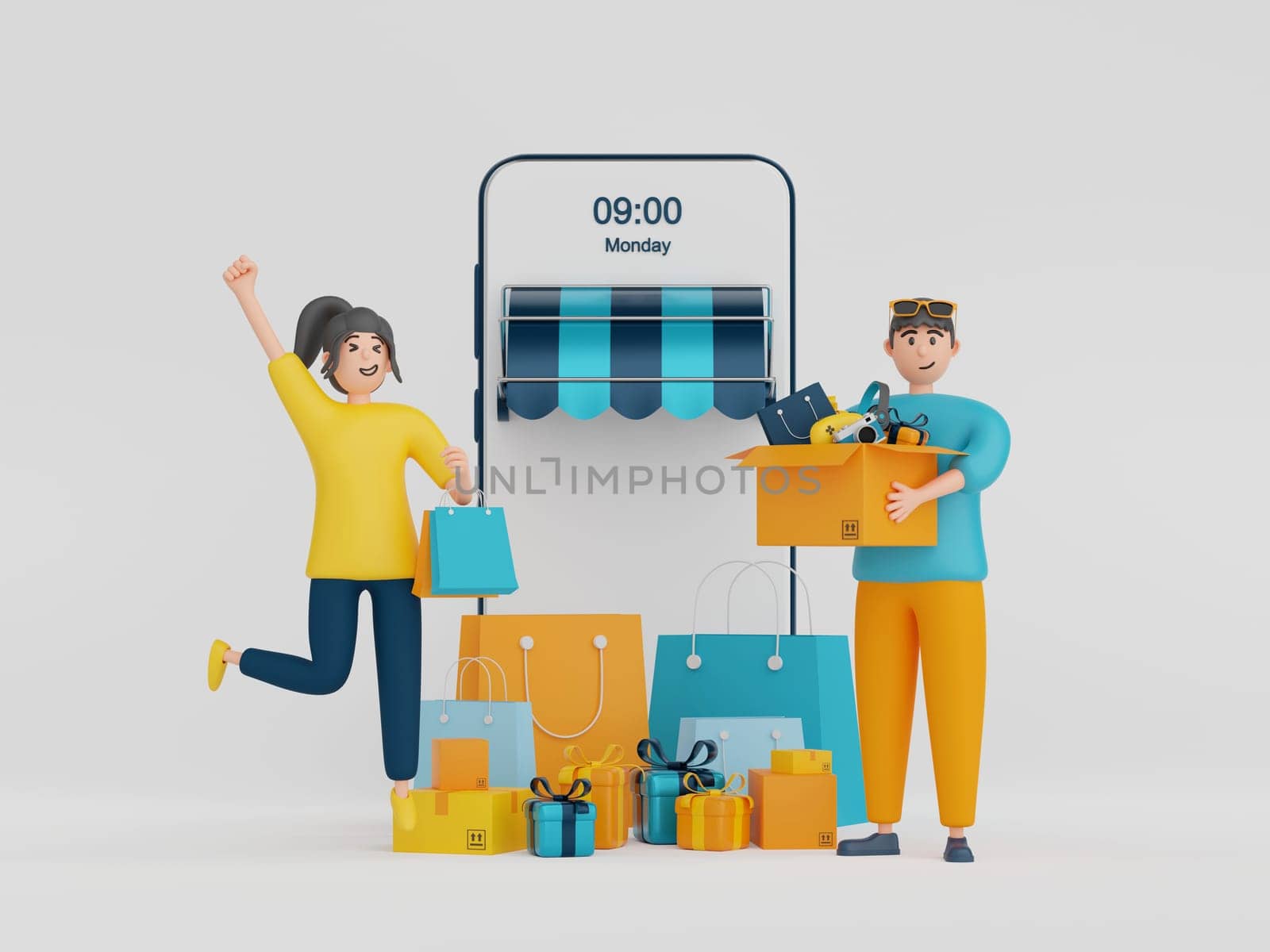 3d illustration of a businessman character shopping online via application on smartphone with shopping item. by nutzchotwarut