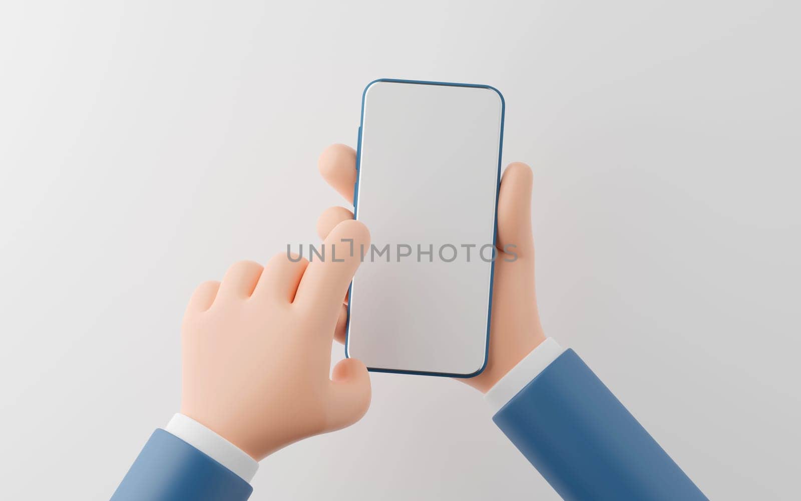 Hand of businessman holding blank screen smartphone on white background, Social media marketing concept, 3d illustration.