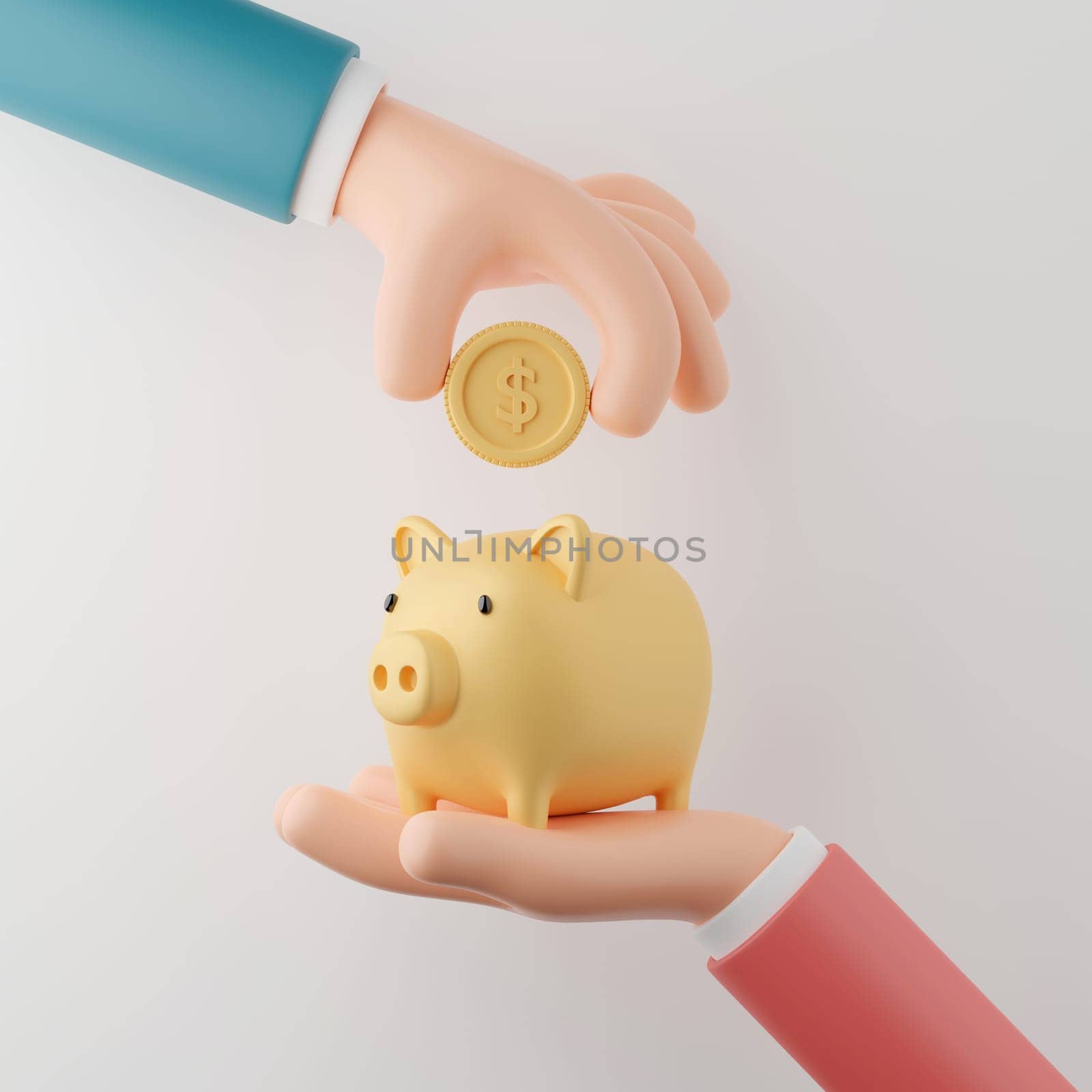 Hand of businessman drop a coin into piggy bank on white background, 3d illustration. by nutzchotwarut