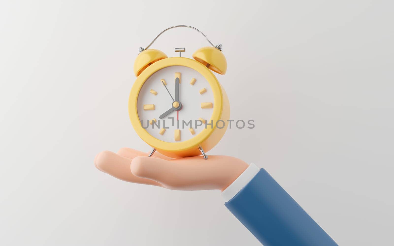 Hand of businessman holding a yellow alarm clock on white background, 3d illustration.