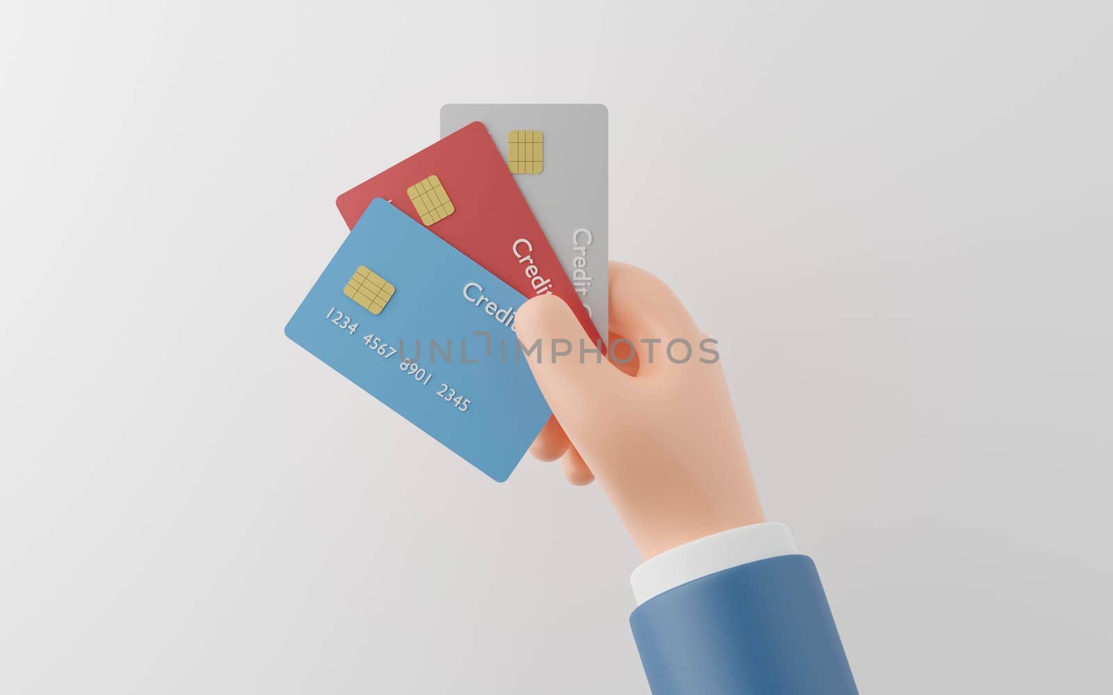Hand of businessman holding credit cards on white background, 3d illustration.