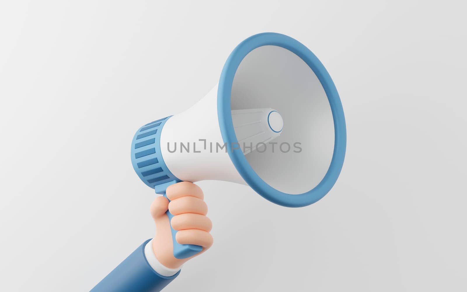 Hand of businessman holding megaphone for advertisement on white background, 3d illustration. by nutzchotwarut