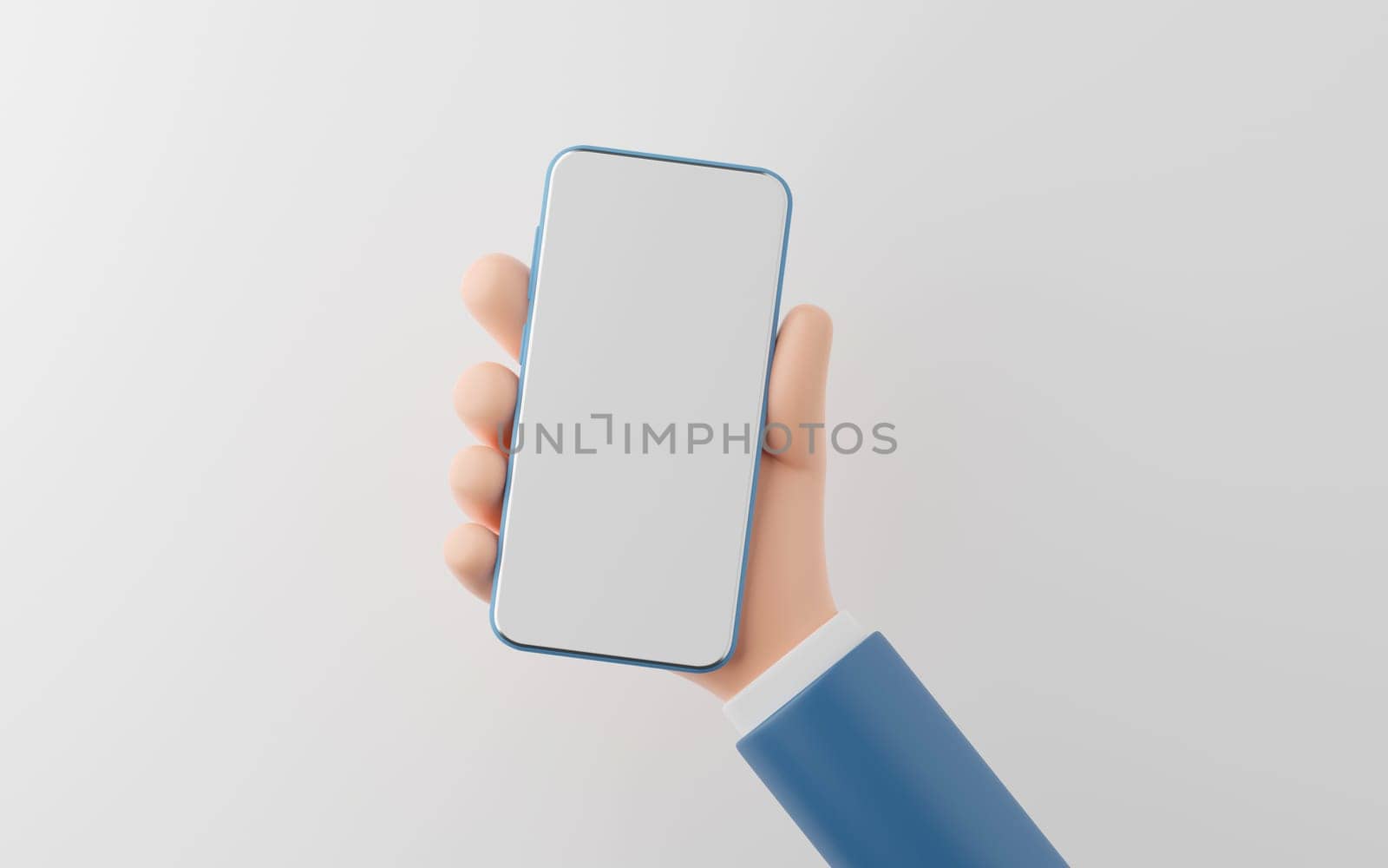 Hand of businessman holding blank screen smartphone on white background, Social media marketing concept, 3d illustration. by nutzchotwarut