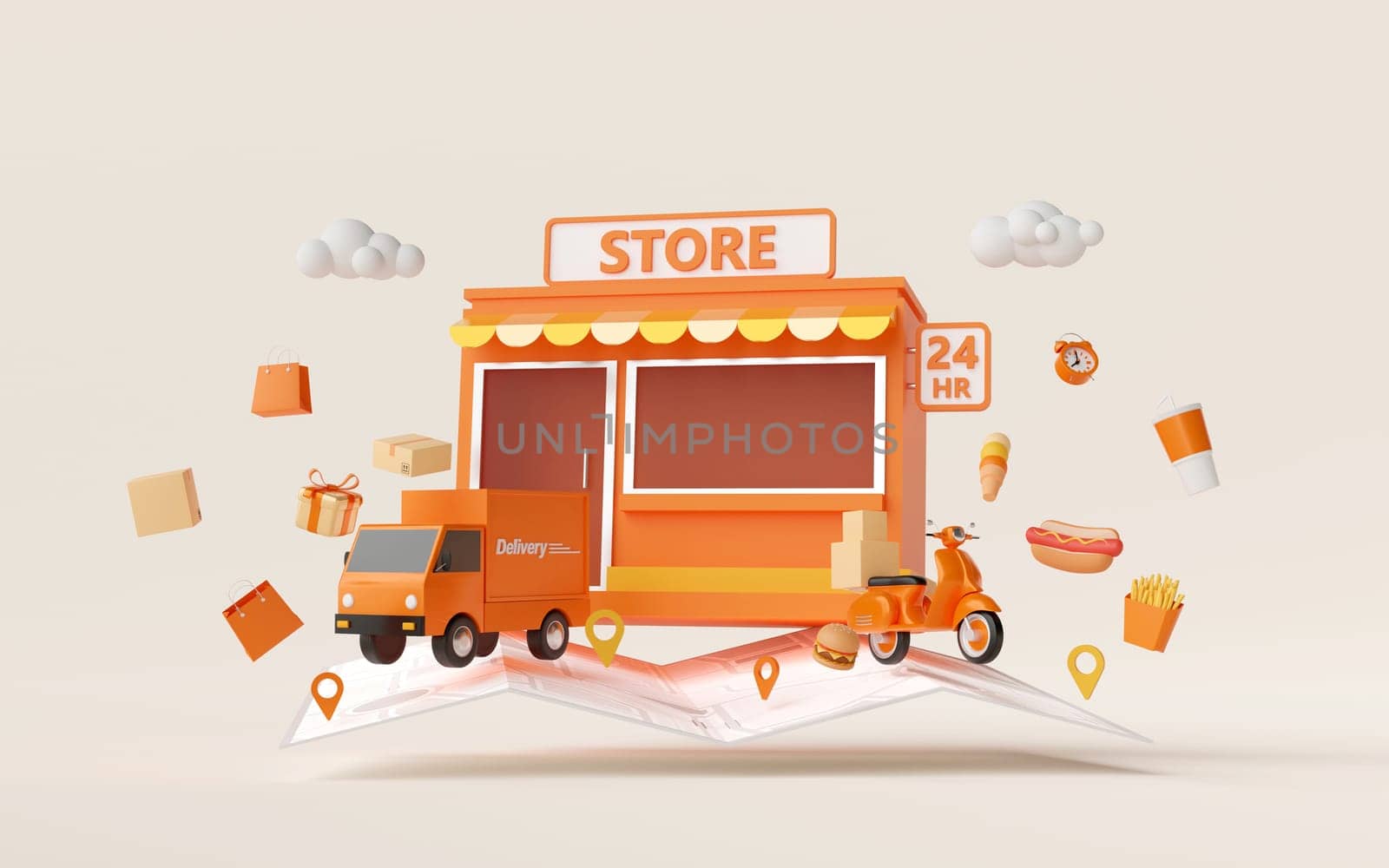 E-commerce concept, Convenience store shopping online and delivery service, 3d illustration by nutzchotwarut